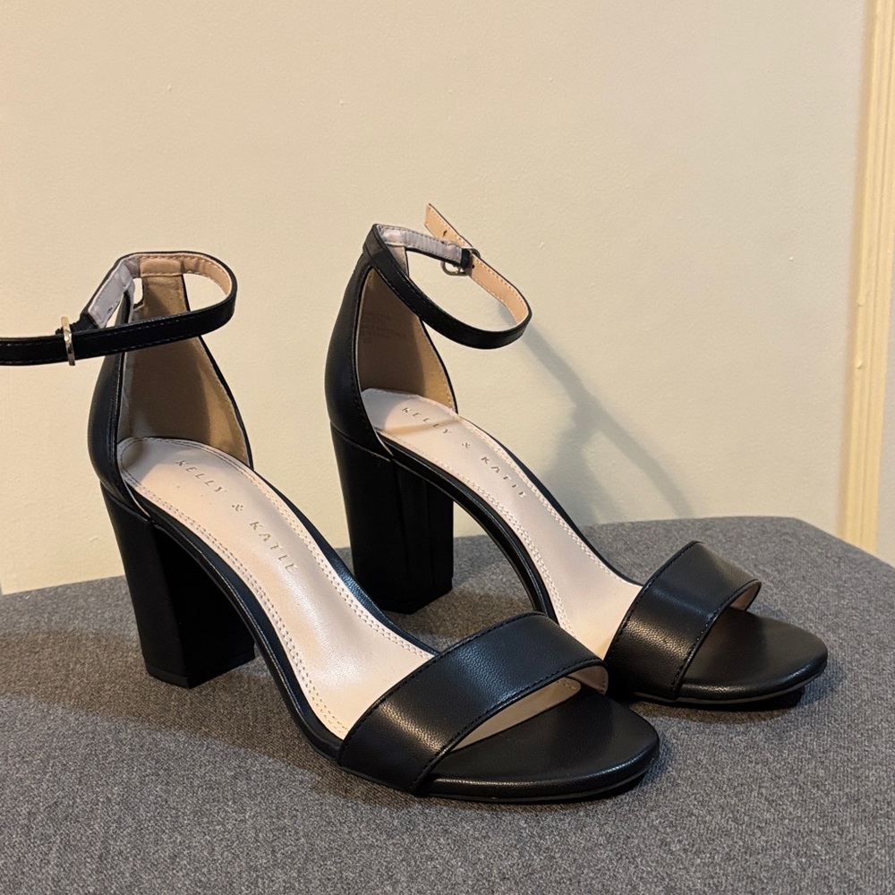 Kelly & Katie Black Block Heel with Gold Buckle Ankle-Strap Sandals